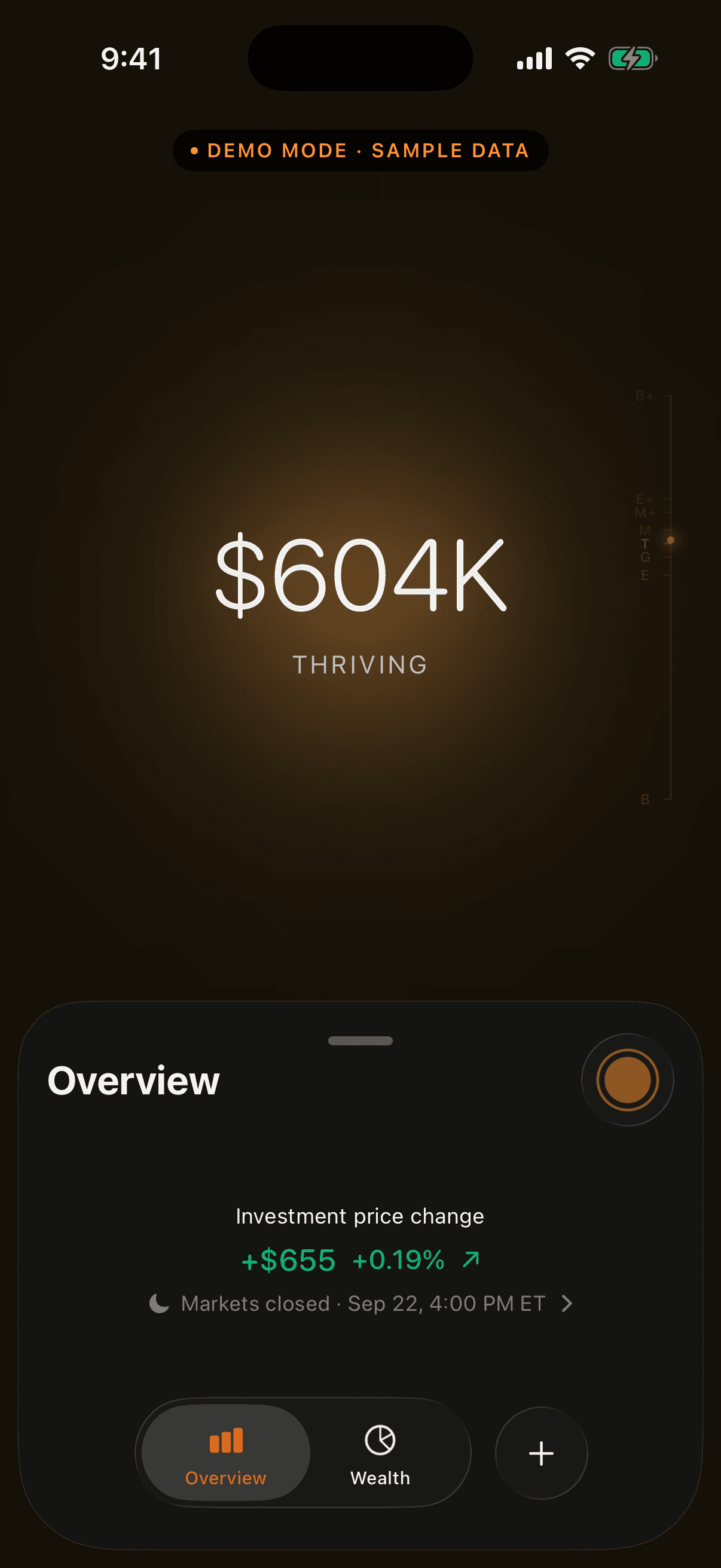 Elcap in demo mode: a glowing Thriving wealth orb above the native Overview workspace.