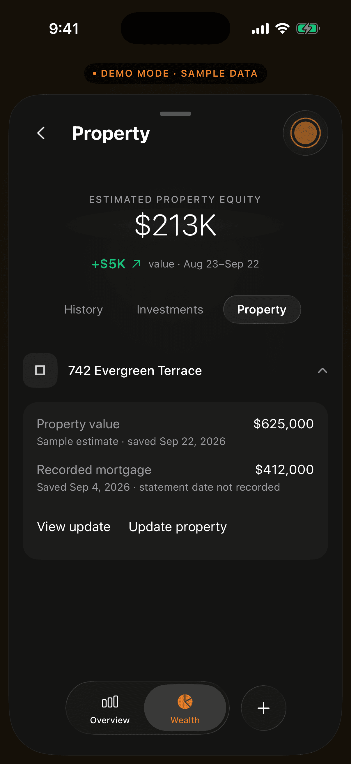 Elcap Property screen in demo mode displaying home equity and ownership.